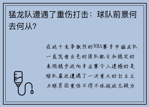 猛龙队遭遇了重伤打击：球队前景何去何从？